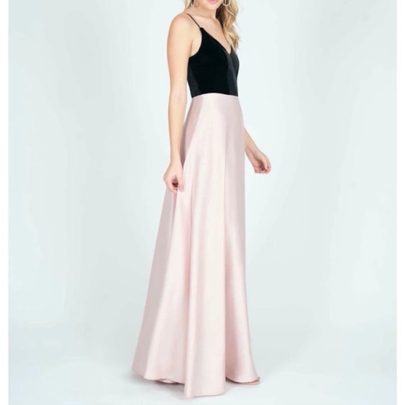 Ella Gown Black Velvet Blush Satin Maxi Dress Prom - Picture 3 of 6